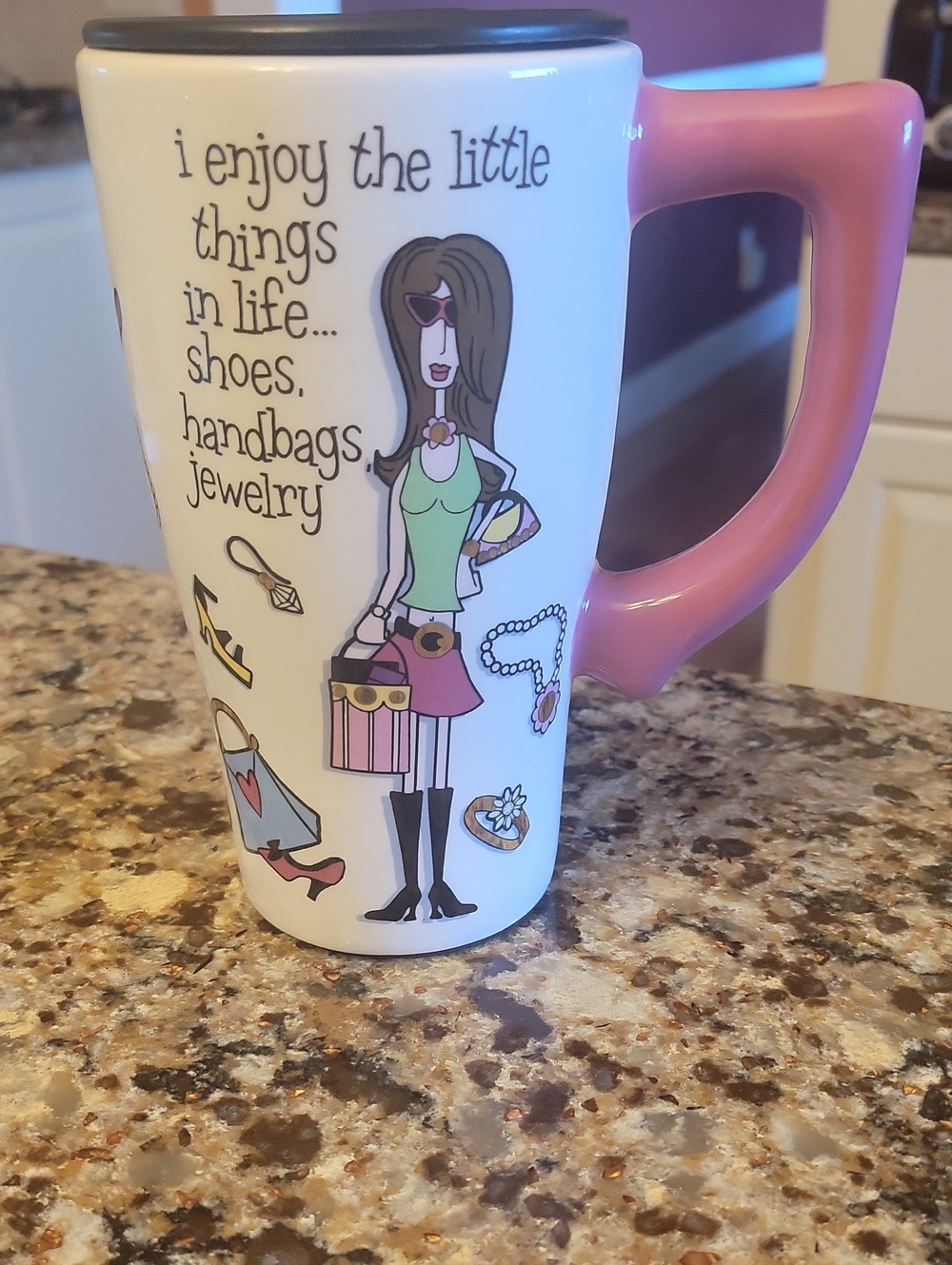 Spoontiques Pink Handle Ceramic Travel Mug with Fashion Illustration 16 Oz EUC
